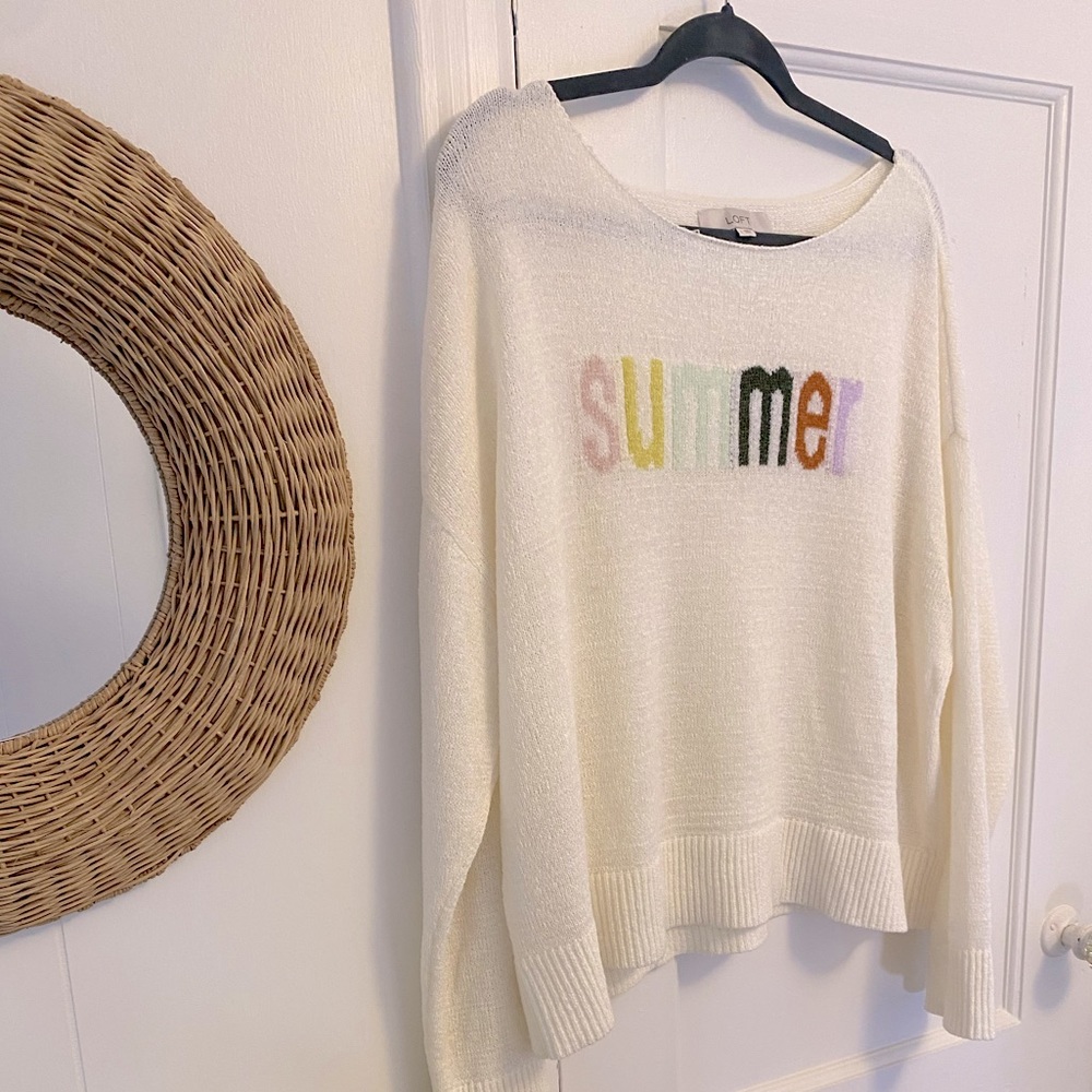 LOFT Cream Summer graphic lightweight knit sweater.